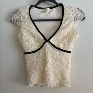 Ivory Lace Cap Sleeve Top Black Trim XS V Neck Cottagecore Y2K Coquette Feminine